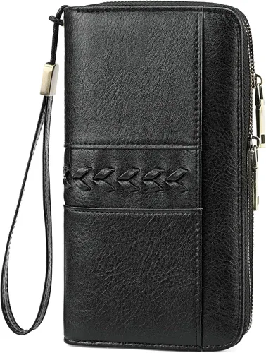 Vista 11 de FALAN MULE Cartera de cuero para mujer, de gran capacidad, bifold, con bloqueo RFID, tarjetero con bolsillo para monedas con cremallera Aa-negro.