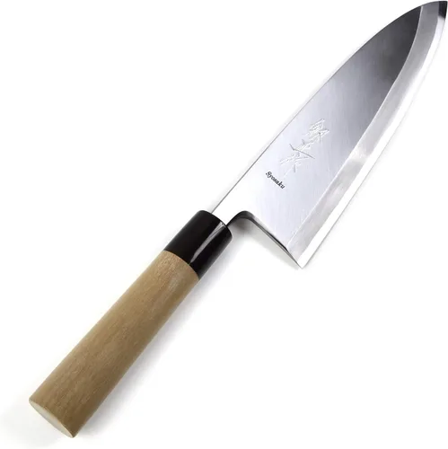 Vista 8 de Cuchillo de chef japonés para sushi Shiroko (acero blanco), mango de madera de magnolia en forma de D, Deba 6.5 pulgadas (6.496 in)