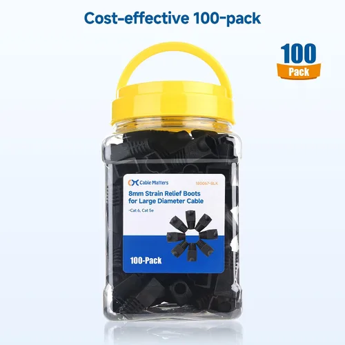 Vista 6 de Cable Matters Paquete de 100 botas de alivio de tensión de 0.315 in, color negro Se adapta a cables de gran diámetro, diseño de arranque sin