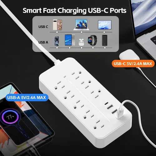Vista 4 de Protección contra sobretensiones de 5 pies con cable plano de extensión, regleta de alimentación con enchufe plano listada por ETL, 8 tomas de CA, 4