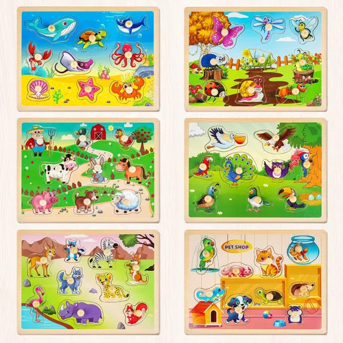 Vista 2 de SYNARRY Rompecabezas de madera para niños pequeños de 1 a 3 años, 6 juegos de rompecabezas de animales para niños pequeños de 2 a 4 años