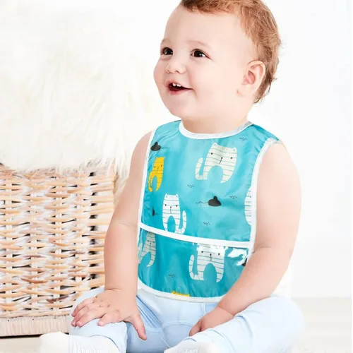 Vista 4 de 6 piezas de baberos impermeables para niños pequeños con bolsillo recogemigas, juego de baberos para bebés con ajuste para dientes de leche, baberos