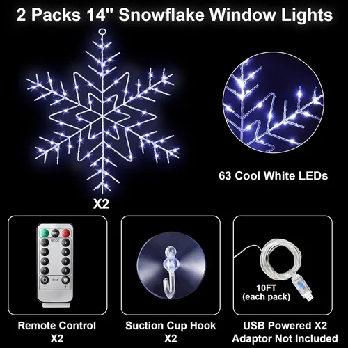 Vista 2 de Zimati Luces navideñas para ventana, 2 paquetes de luces de copo de nieve de 14 pulgadas con 8 modos de iluminación con control remoto, temporizador