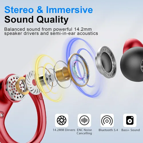 Vista 2 de Auriculares inalámbricos deportivos, Bluetooth 5.4, auriculares Bluetooth 2025 con estéreo de 75 horas, 4 micrófonos ENC, auriculares con ganchos