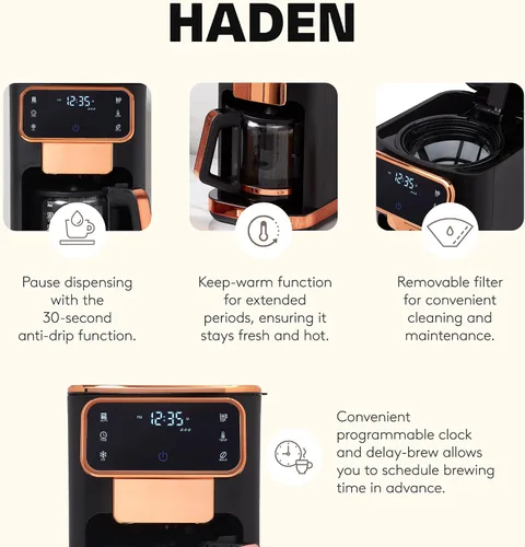 Vista 3 de Haden Cafetera caliente y helada de 12 tazas con 120 minutos para mantener el calor, retrasar la preparación, fuerza ajustable, reloj programable