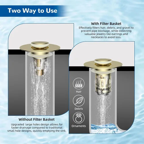 Vista 3 de Hibbent Colador de drenaje de lavabo de baño 3 en 1 mejorado, tapón universal desplegable con cesta de filtro de acero inoxidable extraíble atrapa
