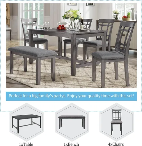 Vista 5 de Juego de mesa de comedor de madera de 6 piezas, juego de mesa de cocina con rectangular, juego de mesa de comedor con banco tapizado y 4 sillas