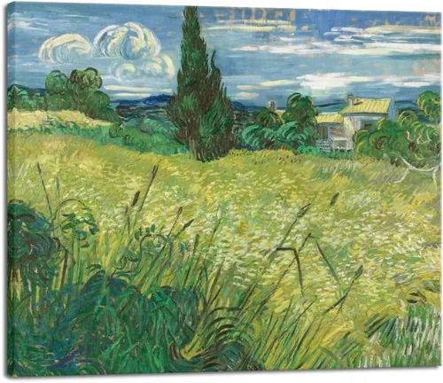 Vista 10 de Wieco Art Green Field 1889 - Lienzo decorativo clásico de Van Gogh, arte de pared estirado listo para colgar para decoración de oficina en casa