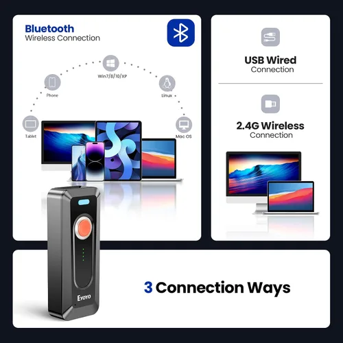 Vista 4 de Eyoyo Escáner de código de barras Bluetooth 2D portátil con clip, batería de 2000mAh con indicador de nivel, lector de código de barras 1D QR Naranja