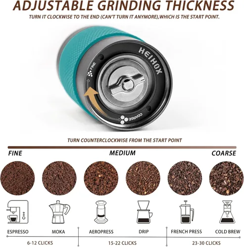 Vista 2 de Molinillo de café manual – HEIHOX Hand con molino de rebabas cónico ajustable de acero inoxidable, capacidad de 1.06 oz (30 g), molinillo portátil