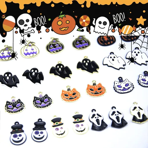 Vista 3 de 36 colgantes de Halloween chapados en oro negro esmaltado calabaza fantasma, payaso mago, sombrero de mago de Halloween para hacer joyas, bricolaje