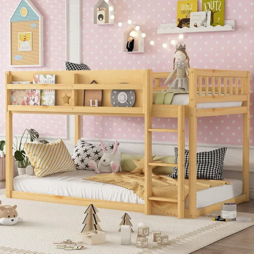 Vista 12 de Harper & Bright Designs Litera baja de madera maciza individual sobre individual para niños y jóvenes, marco de litera con barandillas y escalera