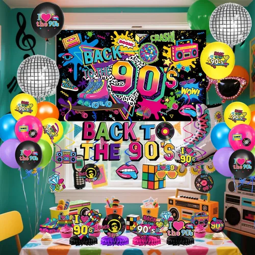 Vista 5 de Las decoraciones de fiesta de los años 90 incluyen telón de fondo de los años 90, globos de papel de aluminio y látex, adornos para pasteles