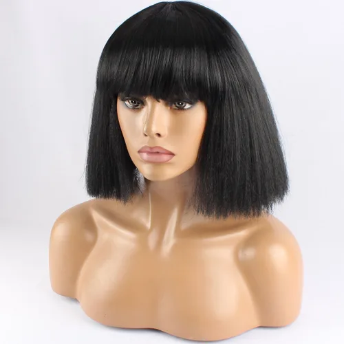 Vista 2 de WeKen peluca de moda con corte bob corto, con flequillo recto, para mujer, peluquines sintéticos, Negro