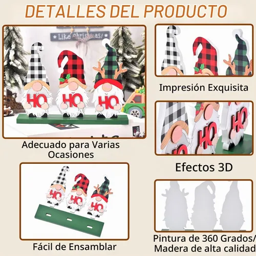 Vista 3 de Ovootok Decoración navideña para el hogar, letrero de madera rústica con gnomos Ho Ho Ho, decoración navideña de mesa para sala de estar, mesa