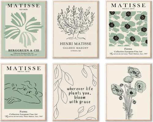 Vista 25 de KBKBART Matisse - Impresiones artísticas para pared, póster abstracto de arte de pared de Matisse, negro y beige, línea de cuerpo para mujer, hojas