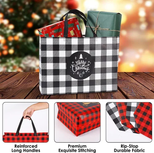 Vista 5 de YANGTE Paquete de 16 bolsas de regalo de Navidad extra grandes, bolsas reutilizables con asa, bolsas de compras de comestibles de Navidad no tejidas