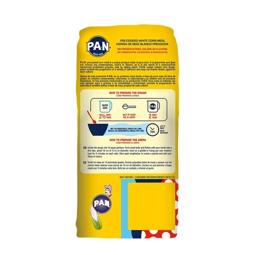 Vista 3 de P.A.N. Harina de Maíz Blanco - Harina Precocida sin Gluten y Kosher para Arepas, 1 kg (35 oz / 2 lb 3.3 oz)