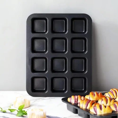 Vista 7 de Mini molde para pan de 8 cavidades de acero al carbono, bandeja antiadherente para hornear pan, diseño de una sola pieza (negro, 12 cavidades)