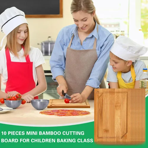 Vista 4 de Paquete de 10 mini tablas de cortar, 7.9 x 5.5 x 0.4 pulgadas, estilo de ranura de jugo Charcuterie Bamboo Appetizer Serving Boards for Weddings