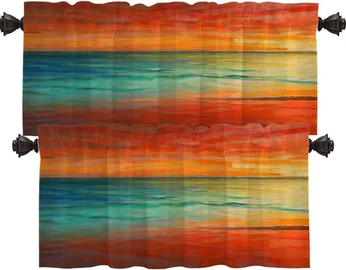 Vista 174 de Shrahala Beige and Orange Abstract Art Brushstrokes Blackout Curtain Tiers, Abstract Oil Paint Kitchen Valance Light Blocking Tier Drapes with Rod