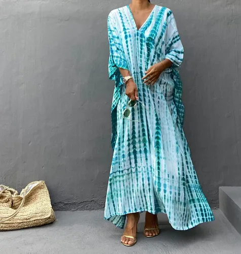 Vista 5 de RanRui - Vestido tipo caftán para mujer, de talla extragrande, con estampado de rayas, teñido anudado, cuello en V, holgado y suave