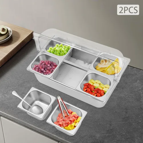 Vista 6 de Recipiente de exhibición de alimentos para encimera con tapa transparente, bandeja de servir de acero inoxidable, suministros de catering