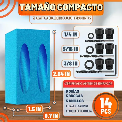 Vista 2 de Kit de plantilla de agujero de bolsillo compacto de 14 piezas con guía de taladro de ángulo de 15°, carpintería oculta para armarios y estantes