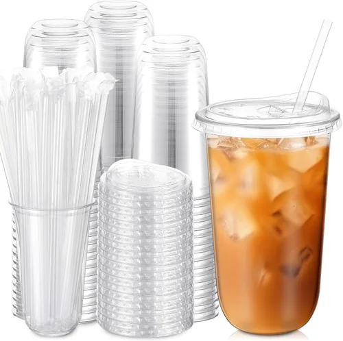 Vista 21 de Ziliny Paquete de 25 vasos de plástico transparente de 12 onzas con tapas para sorbos y pajitas, tazas desechables para café helado de cristal