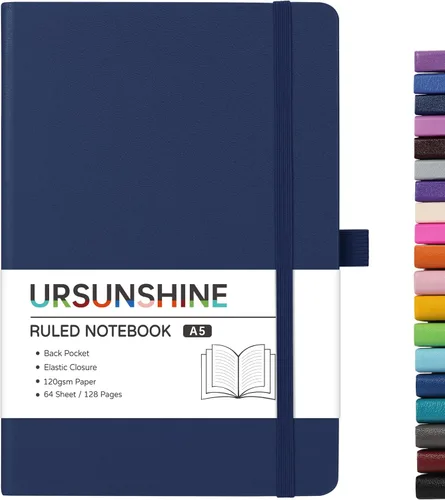 Vista 45 de Cuaderno punteado, diario, 5.3 x 8.26 pulgadas, tapa dura, prémium, papel grueso, doble espiral, bandas, cuero negro sintético, lazo para bolígrafo