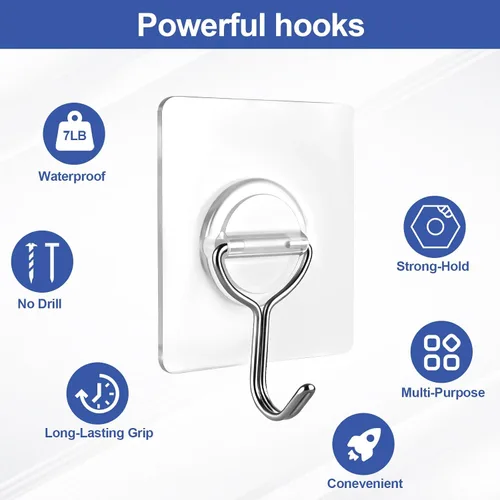 Vista 7 de Ganchos adhesivos de pared para colgar abrigos resistentes, 13 libras (máx.), gancho transparente impermeable multiusos, ganchos de acero inoxidable