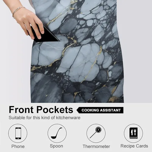 Vista 5 de MUSM Apron for Adults - 27.6 X 31.5 Inch, Heavy-Duty Polyester Aprons with Two Large Pockets, Waterproof Black Textured Marble Kitchen Apron for