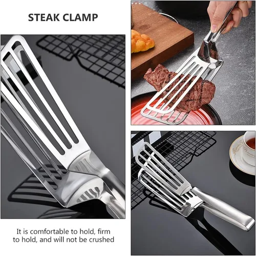Vista 6 de Yardwe Pinzas de espátula de metal ranuradas, pinzas de cocina, pinzas para alimentos, pinzas para parrilla, pinzas para carne de pescado, pinzas