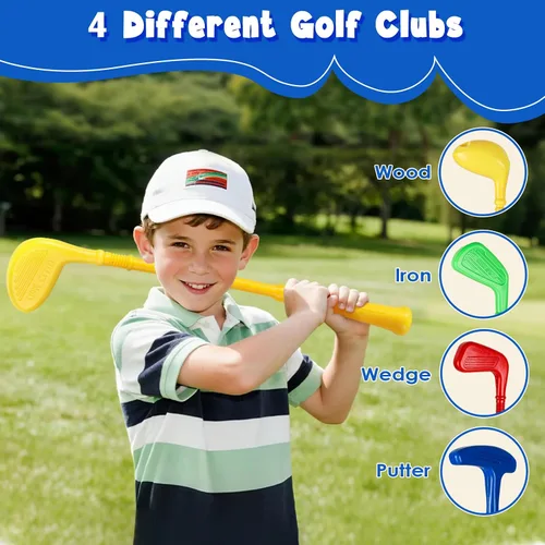 Vista 5 de SUPER JOY Juego de golf para niños pequeños, carrito de golf para niños con 4 palos y 8 pelotas, palos de golf para interiores y exteriores, palos