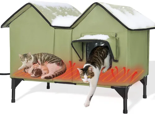 Vista 8 de Casa climatizada para gatos en invierno exterior, casa para gatos climatizada extra grande, resistente a la intemperie, cama elevada, puerta