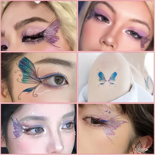 Vista 7 de 14 hojas de tatuajes temporales de mariposa con purpurina para decoración de maquillaje de ojos, rostros, calcomanías de tatuaje de arte corporal