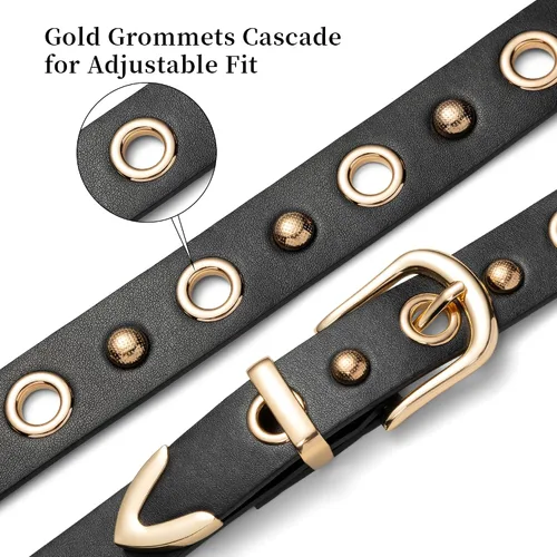 Vista 3 de Grommet Belt Women, Black Studded Belt Adjustable for Teens Negro-oro