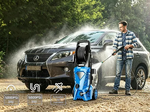 Vista 3 de Lavadora eléctrica a presión 5000 PSI Lavadora eléctrica con carrete Azul