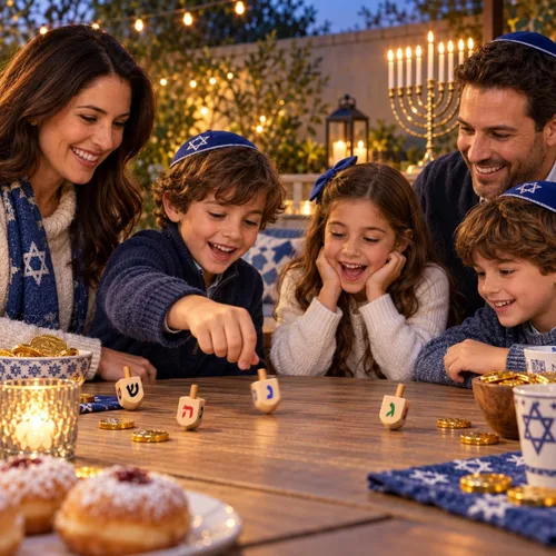 Vista 5 de Paquete de 10 Dreidels Hanukkah Draydel de madera natural con tarjetas de transliteración e instrucciones en inglés