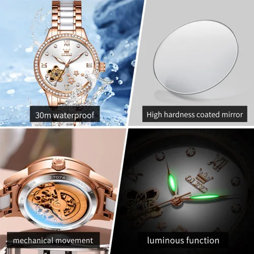 Vista 4 de OLEVS Relojes para mujer, reloj automático de lujo, correa de cerámica, oro rosa, reloj de pulsera para mujer