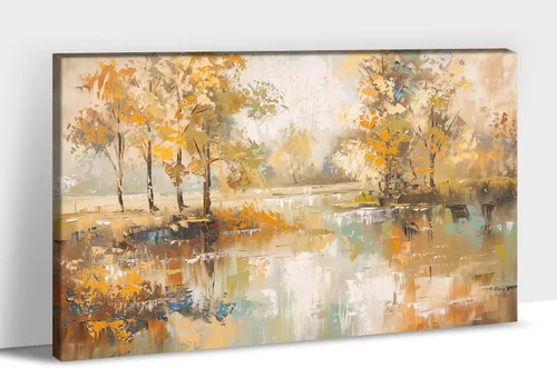 Vista 16 de UZMKM Lienzo decorativo de abedul para pared, pintura de bosque otoñal, imagen panorámica de paisaje, vista de la naturaleza amarilla, obra de arte