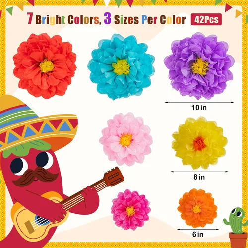 Vista 3 de 21 flores de papel mexicanas, flores de papel de fiesta, flores de tejido coloridas para carnaval, telón de fondo de fiesta, boda, fiesta