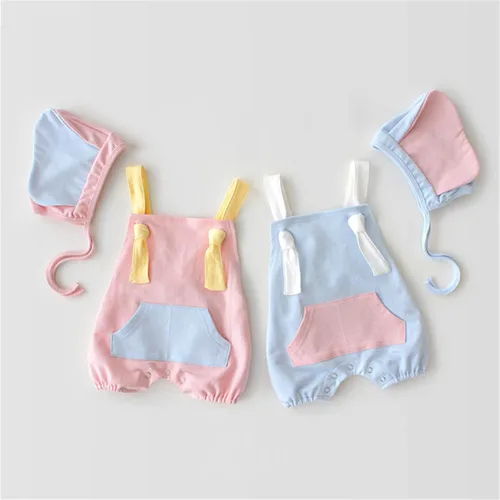 Vista 4 de Overol de retazos para bebés recién nacidos, pantalones con tirantes y lindo sombrero de elefante para verano (azul, 9-12 meses)