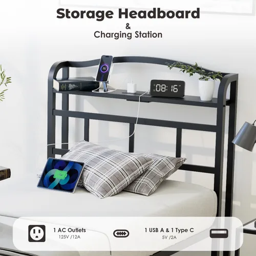 Vista 3 de YORMDMO Base de cama individual – Base de cama de metal resistente con estación de carga de cabecero de almacenamiento, fácil montaje, no necesita