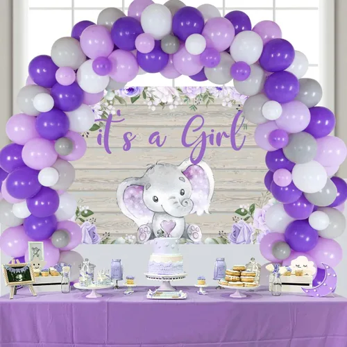 Vista 3 de Decoraciones de baby shower de elefante morado para niña – It's A Girl Elefante telón de fondo lavanda floral pequeño elefante de bienvenida bebé