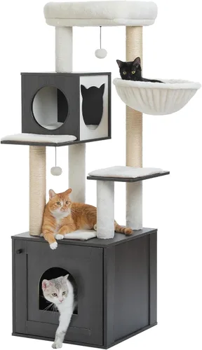 Vista 9 de PETEPELA Árbol para gatos de 56.7 pulgadas con caja de arena, torre grande de madera para gatos de interior con armario de almacenamiento y acogedor