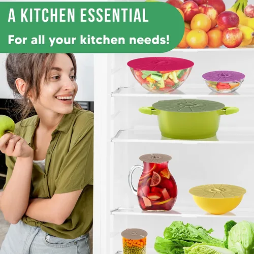 Vista 3 de Tapas de silicona para almacenamiento de alimentos - Paquete de 5 - 5 tamaños - Grado alimentario - Cubiertas de silicona reutilizables