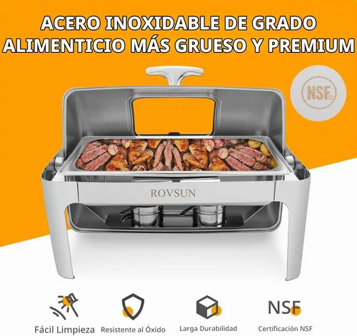 Vista 3 de ROVSUN - Juego de 3 platos de bufé con tapa enrollable, 9 cuartos de galón de acero inoxidable rectangular para catering, servidores de bufé