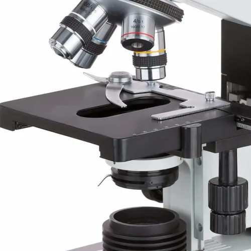 Vista 4 de AmScope T490B Microscopio trinocular compuesto, ampliación de 40X-2000X, luz halógena, condensador Abbe, mesa mecánica de 2 capas, óptica de alta