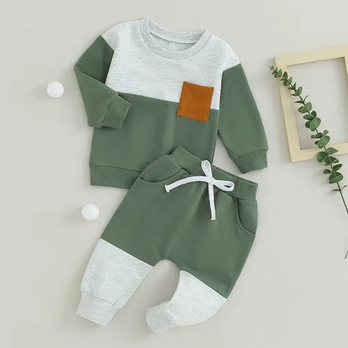 Vista 3 de Conjunto de 2 piezas para bebés, niños y niñas, sudadera con bloques de color y pantalones deportivos, ropa de otoño e invierno